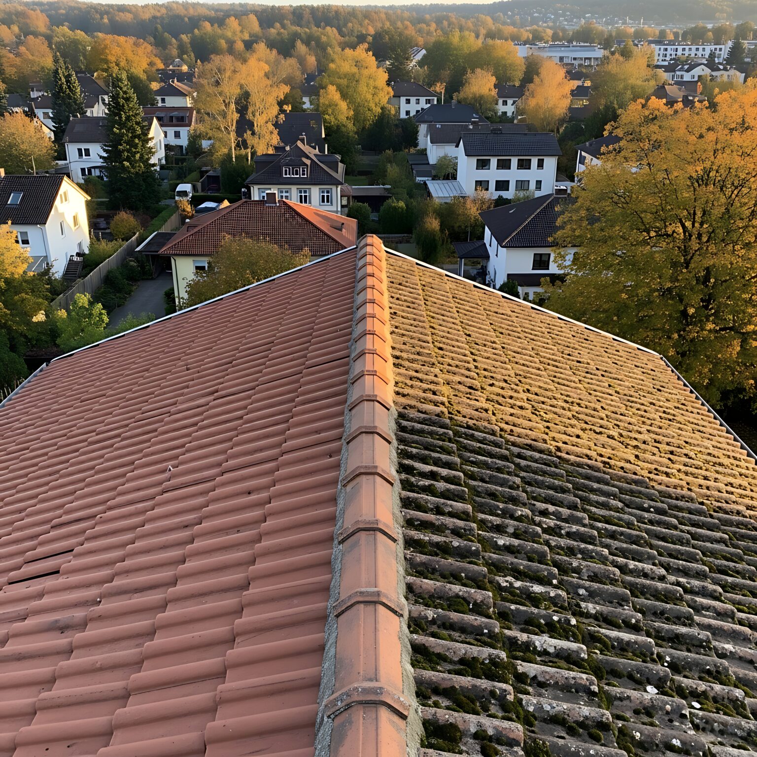 autumn-aerial-view-tiled-roof-undergoing-cleaning-showcasing-before-after