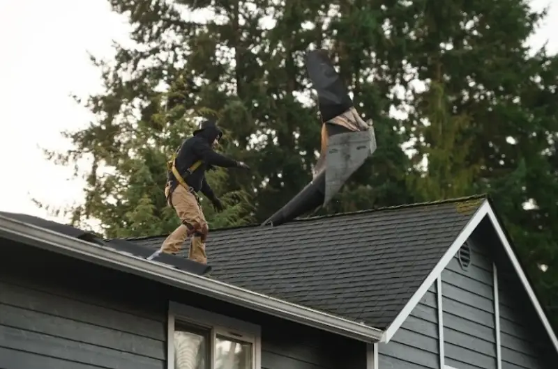 roof cleaning in Mill Creek WA home in an HOA community; clean roof meeting HOA standards in Mill Creek; roofers near Mill Creek inspecting a roofline