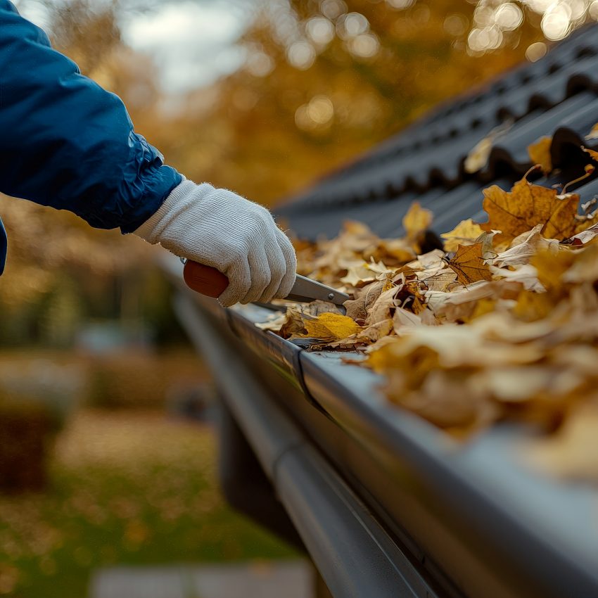 An adult clearing a house gutter full of colorful autumn leaves, wearing gloves and using a garden tool.